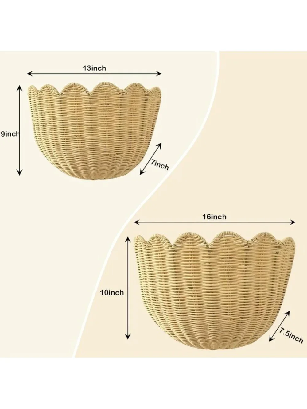 Set of 2 Scalloped Wicker Wall Baskets with Hooks for Home Decor Storage